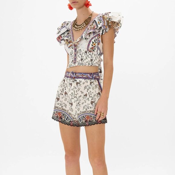 Deep V Frill Short Sleeve Top Cropped Shirt in "My Folk Art Heart" print - Picture 6 of 16